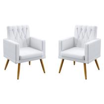 Kit 2 Poltronas Nina Com Rodapé e Botões em Capitonê Para Sala de Estar Couro Artificial Branco Aradecor