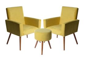 Kit 2 Poltronas Nina Pés Palito Amarelo + Puff Amarelo Maragogibe Móveis Kit 2 Poltronas Nina Pés Palito Amarelo + Puff Amarelo Maragogibe Móveis