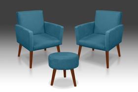 Kit 2 Poltronas Nina + Puff Redondo Danny Suede Azul Turquesa -RV Decora