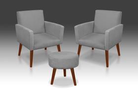 Kit 2 Poltronas Nina + Puff Redondo Danny Suede Cinza Claro -RV Decora