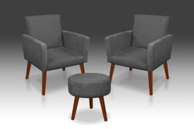 Kit 2 Poltronas Nina + Puff Redondo Danny Suede Cinza Escuro-RV Decora