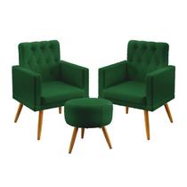 Kit 2 Poltronas Nina Rodapé e Capitonê com Puff Solar Sued Verde Aradecor
