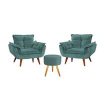 Kit 2 Poltronas Opala com 1 Puff Nina Luxo com Pés Estilo Retrô - Turquesa