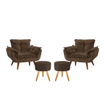 Kit 2 Poltronas Opala com 2 Puff Nina Luxo com Pés Estilo Retrô - Marrom