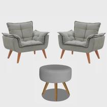 Kit 2 Poltronas Opalas com Puff Redondo Suede Cinza