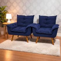 Kit 2 Poltronas Opalla Cadeira Decorativa Suede Azul Marinho para Escritório Sala de Estar Recepção