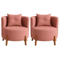 Kit 2 Poltronas Orgânica Curva Luna Boucle Rosa Pés de Madeira - Montanaris Decor