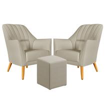 Kit 2 Poltronas Orion Bordada com Puff Izar Couro Bege Aradecor