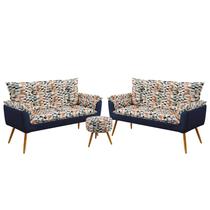 Kit 2 Poltronas para Sala de Estar Namoradeira Beta com Puff Solar Sued Estampado Laranja com Azul M