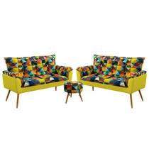 Kit 2 Poltronas Para Sala de Estar Namoradeira Opala com Puff Solar Sued Estampado Colorido com Amarelo Aradecor