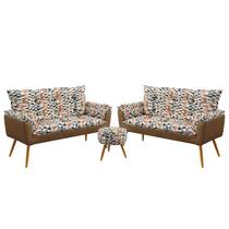 Kit 2 Poltronas Para Sala de Estar Namoradeira Opala com Puff Solar Sued Estampado Laranja com Capuccino Aradecor