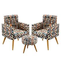 Kit 2 Poltronas Para Sala de Estar Nina Rodapé e Capitonê com Puff Solar Sued Estampado Laranja Aradecor