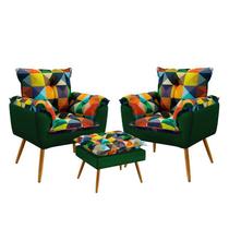 Kit 2 Poltronas Para Sala de Estar Opala com Puff Lunar Sued Estampado Colorido com Verde Aradecor Kit 2 Poltronas Para Sala de Estar Opala com Puff Lunar Sued Estampado Colorido com Verde Aradecor