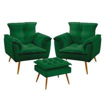 Kit 2 Poltronas Para Sala de Estar Opala com Puff Lunar Sued Verde Aradecor