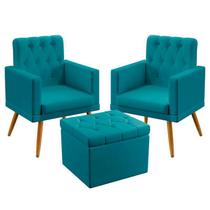 Kit 2 Poltronas Para Sala de Estar Vega Rodapé e Capitonê com Puff Quasar Sued Azul Turquesa Aradecor