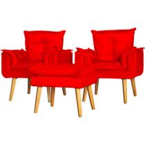 Kit 2 Poltronas Para Sala Decorativa e Puff Opala Veludo Vermelho Kit 2 Poltronas Para Sala Decorativa e Puff Opala Veludo Vermelho
