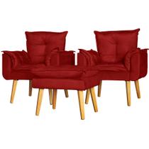 Kit 2 Poltronas Para Sala Decorativa e Puff Opala Veludo Vermelho Escuro