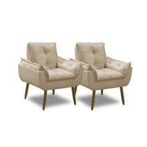 Kit 2 Poltronas Para Sala Decorativa Opala Pés Madeira Suede Bege Império Decor