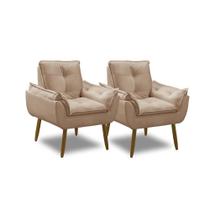 Kit 2 Poltronas Para Sala Decorativa Opala Pés Madeira Suede Capuccino Império Decor