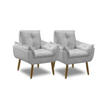 Kit 2 Poltronas Para Sala Decorativa Opala Pés Madeira Suede Cinza Claro Império Decor