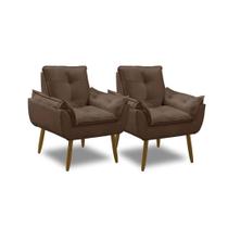 Kit 2 Poltronas Para Sala Decorativa Opala Pés Madeira Suede Marrom Império Decor
