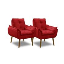 Kit 2 Poltronas Para Sala Decorativa Opala Pés Madeira Suede Vermelho Império Decor