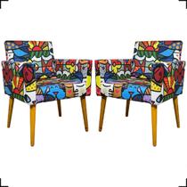 Kit 2 Poltronas Para Sala Decorativas Nina Suede Estampado Pé Castanho - Clique E Decore