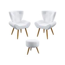 Kit 2 Poltronas Polaris + Puff Solar Couro Artificial Branco Aradecor