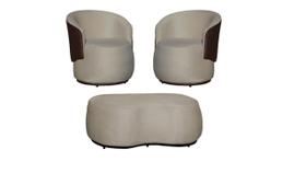 Kit 2 Poltronas + Puff Decorativo Beatriz Orgânico Composê Couro Marrom Suede Bege Mz Decor