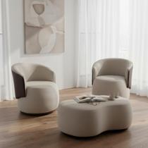 Kit 2 Poltronas + Puff Decorativo Beatriz Orgânico Composê Couro Marrom Suede Bege Mz Decor