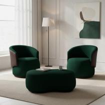 Kit 2 Poltronas + Puff Decorativo Beatriz Orgânico Composê Couro Marrom Veludo Verde Mz Decor Kit 2 Poltronas + Puff Decorativo Beatriz Orgânico Composê Couro Marrom Veludo Verde Mz Decor