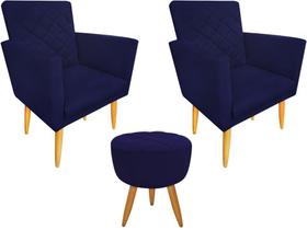 Kit 2 Poltronas + Puff Decorativo Maitê Suede Azul Marinho Pés Madeira Ms Decor Kit 2 Poltronas + Puff Decorativo Maitê Suede Azul Marinho Pés Madeira Ms Decor