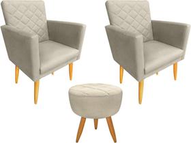 Kit 2 Poltronas + Puff Decorativo Maitê Suede Bege Pés Madeira Ms Decor Kit 2 Poltronas + Puff Decorativo Maitê Suede Bege Pés Madeira Ms Decor