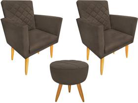 Kit 2 Poltronas + Puff Decorativo Maitê Suede Marrom Pés Madeira Ms Decor Kit 2 Poltronas + Puff Decorativo Maitê Suede Marrom Pés Madeira Ms Decor
