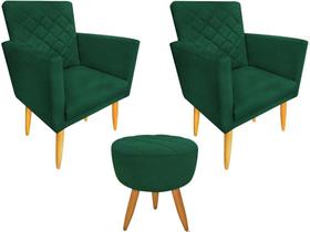 Kit 2 Poltronas + Puff Decorativo Maitê Suede Verde Pés Madeira Ms Decor Kit 2 Poltronas + Puff Decorativo Maitê Suede Verde Pés Madeira Ms Decor