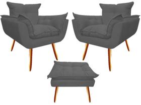 Kit 2 Poltronas + Puff Decorativo Opala Suede Cinza Pés Madeira Mz Decor Kit 2 Poltronas + Puff Decorativo Opala Suede Cinza Pés Madeira Mz Decor