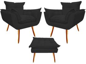 Kit 2 Poltronas + Puff Decorativo Opala Suede Preto Pés Madeira Mz Decor Kit 2 Poltronas + Puff Decorativo Opala Suede Preto Pés Madeira Mz Decor