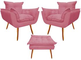 Kit 2 Poltronas + Puff Decorativo Opala Suede Rosa Pés Madeira Mz Decor Kit 2 Poltronas + Puff Decorativo Opala Suede Rosa Pés Madeira Mz Decor