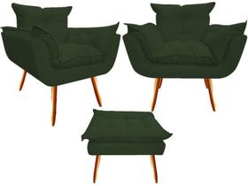 Kit 2 Poltronas + Puff Decorativo Opala Suede Verde Pés Madeira Ms Decor