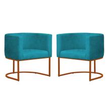 Kit 2 Poltronas Reforçada Decorativa Sala Gabriela Base Ferro Bronze Suede Azul Tifany