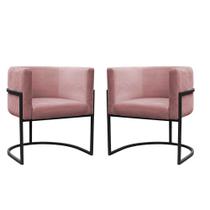 Kit 2 Poltronas Reforçadas Decorativa Sala Carla Base Ferro Preta Suede Rose
