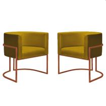 Kit 2 Poltronas Reforçadas Decorativa Sala Nayara Base Ferro Bronze Suede Amarelo