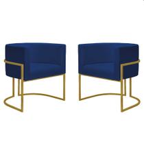 Kit 2 Poltronas Reforçadas Decorativa Sala Nayara Base Ferro Dourada Suede Azul Marinho