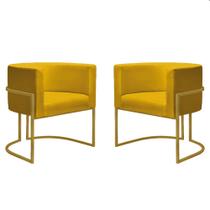 Kit 2 Poltronas Reforçadas Decorativa Sala Nayara Base Ferro Dourado Suede Amarela