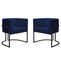Kit 2 Poltronas Reforçadas Decorativa Sala Nayara Base Ferro Preto Suede Azul Marinho