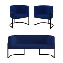 Kit 2 Poltronas + Sofá 2 Lugares Base De Metal Black Balaqui Azul Marinho Kit 2 Poltronas + Sofá 2 Lugares Base De Metal Black Balaqui Azul Marinho