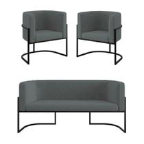 Kit 2 Poltronas + Sofá 2 Lugares Base De Metal Black Balaqui Cinza
