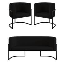Kit 2 Poltronas + Sofá 2 Lugares Base De Metal Black Veludo Preto