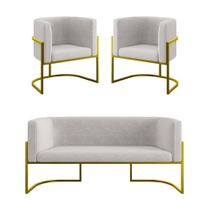 Kit 2 Poltronas + Sofá 2 Lugares Base De Metal Gold Balaqui Bege Kit 2 Poltronas + Sofá 2 Lugares Base De Metal Gold Balaqui Bege