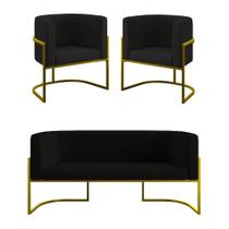 Kit 2 Poltronas + Sofá 2 Lugares Base De Metal Gold Balaqui Preto Kit 2 Poltronas + Sofá 2 Lugares Base De Metal Gold Balaqui Preto